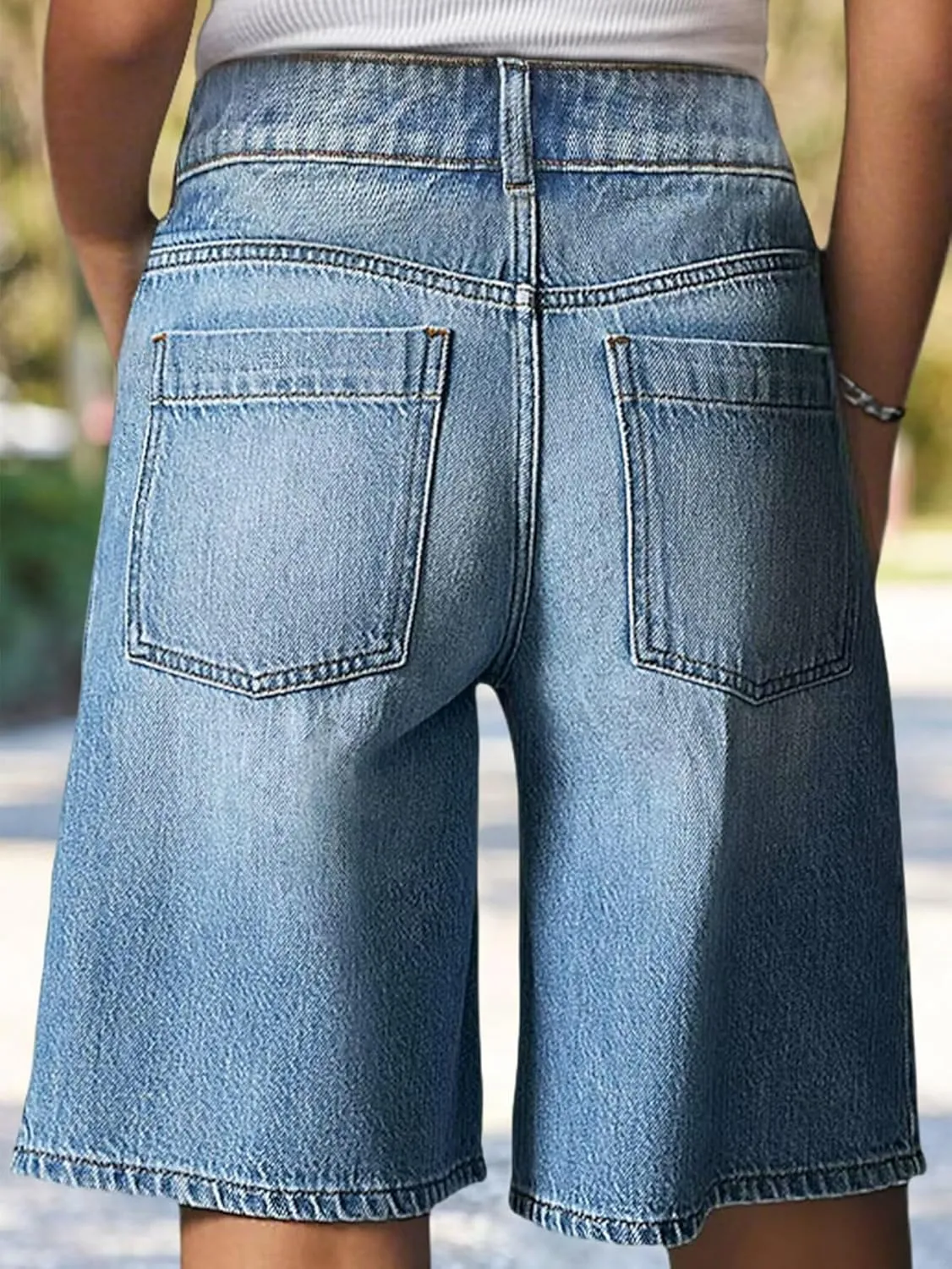 Flamingals Women's Bermuda Jean Shorts Mid Waist Straight Leg Summer Strechy Denim Shorts