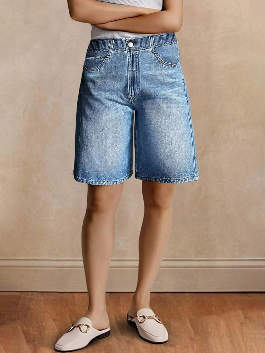 Flamingals Women's Bermuda Jean Shorts Mid Waist Straight Leg Summer Strechy Denim Shorts