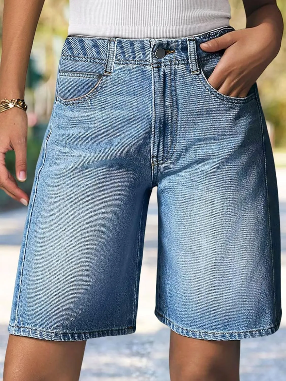 Flamingals Women's Bermuda Jean Shorts Mid Waist Straight Leg Summer Strechy Denim Shorts