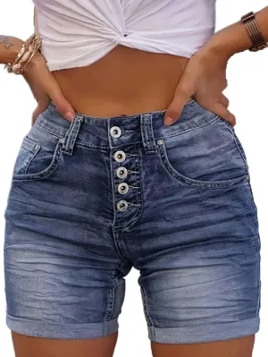 Flamingals Women's Button Fly Denim Shorts for Women Mid Waist Casual Bermuda Jeans Shorts