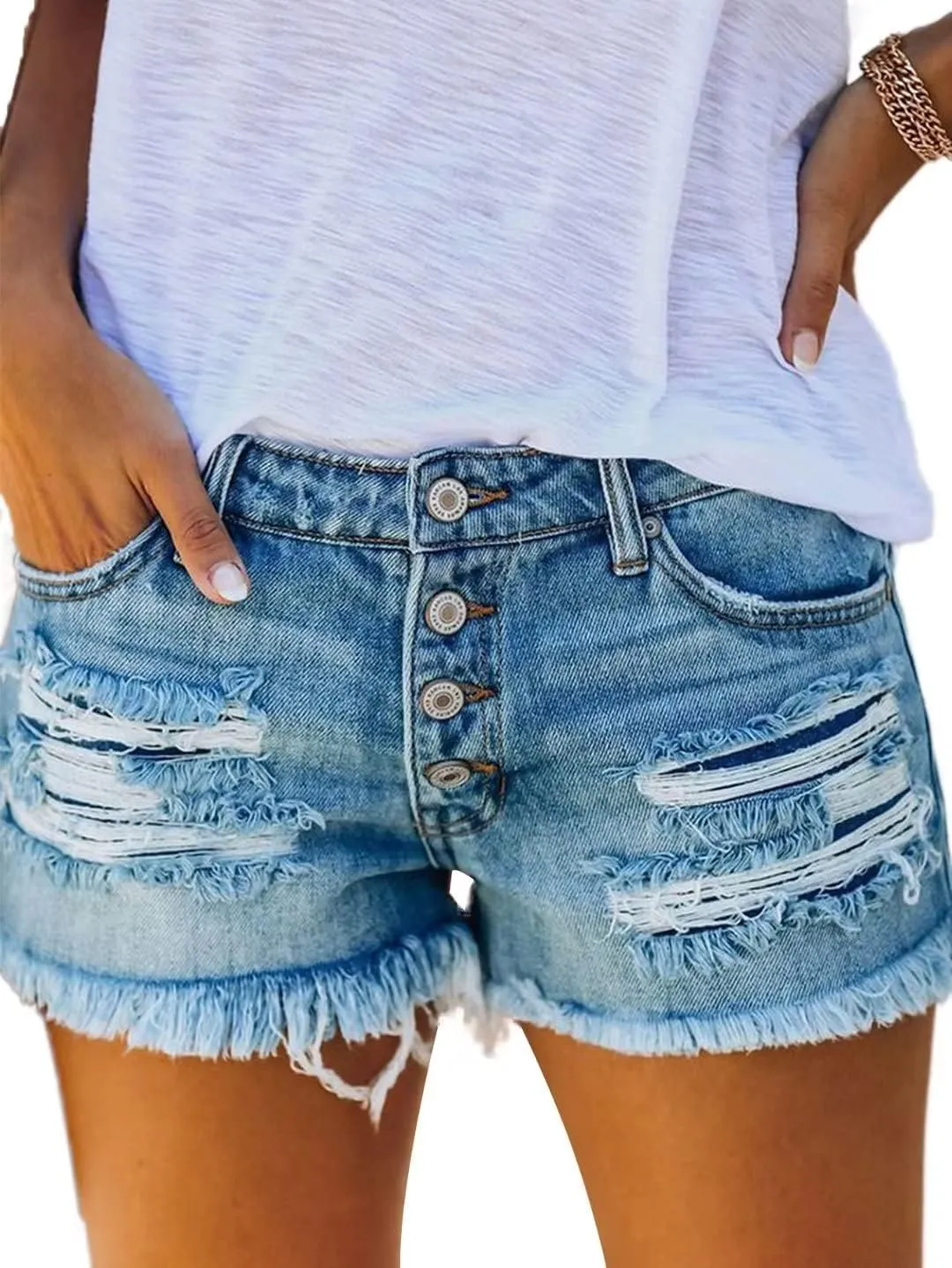 Flamingals Women's Button Fly Distressed Raw Hem Denim Shorts Low Waist Casual Shorts