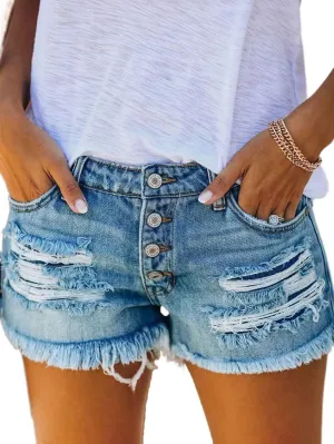 Flamingals Women's Button Fly Distressed Raw Hem Denim Shorts Low Waist Casual Shorts