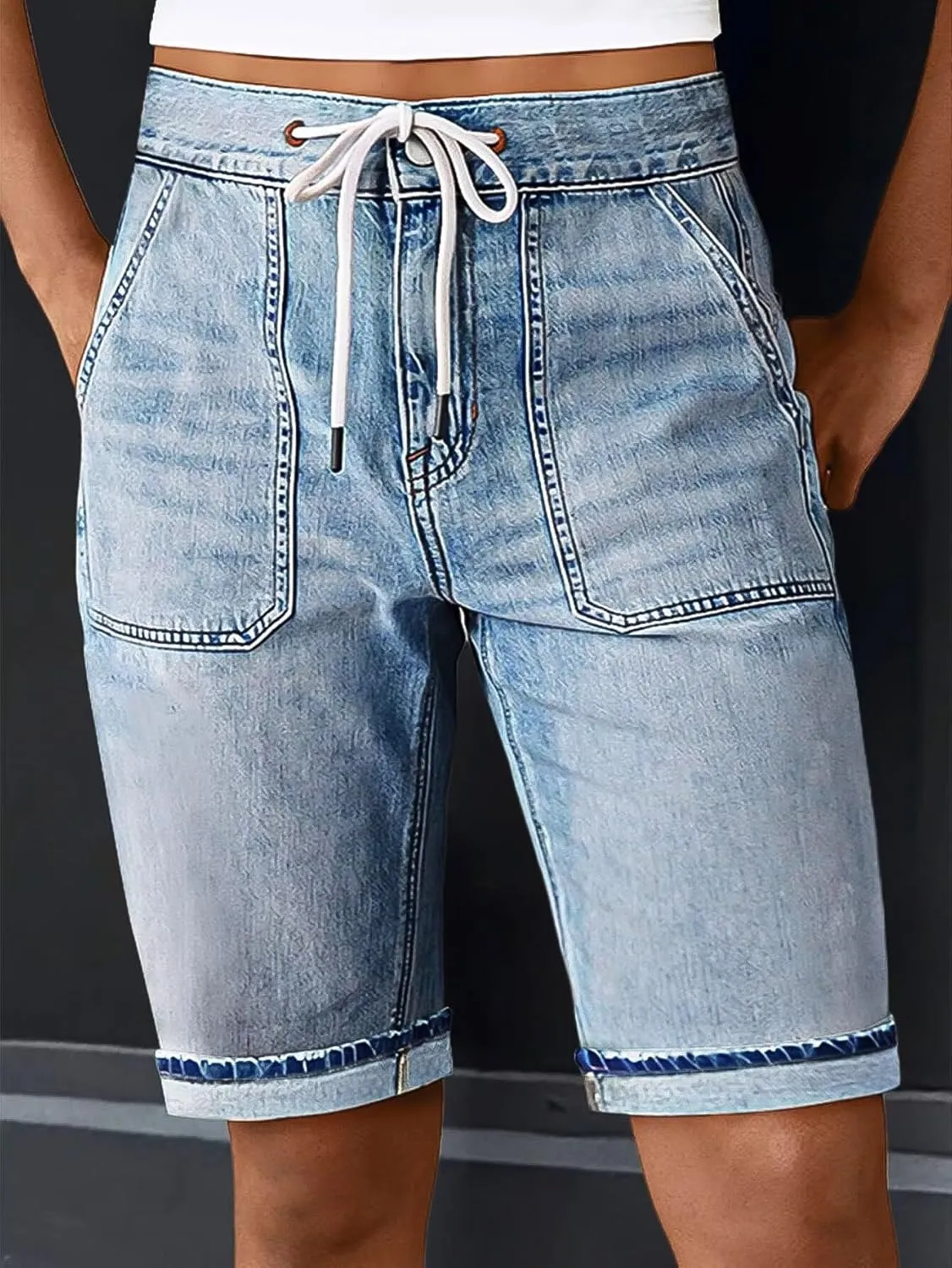 Flamingals Women's Drawstring Bermuda Jean Shorts High Rise Straight Leg Summer Denim Shorts
