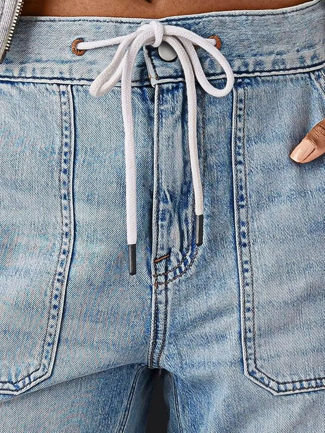 Flamingals Women's Drawstring Bermuda Jean Shorts High Rise Straight Leg Summer Denim Shorts