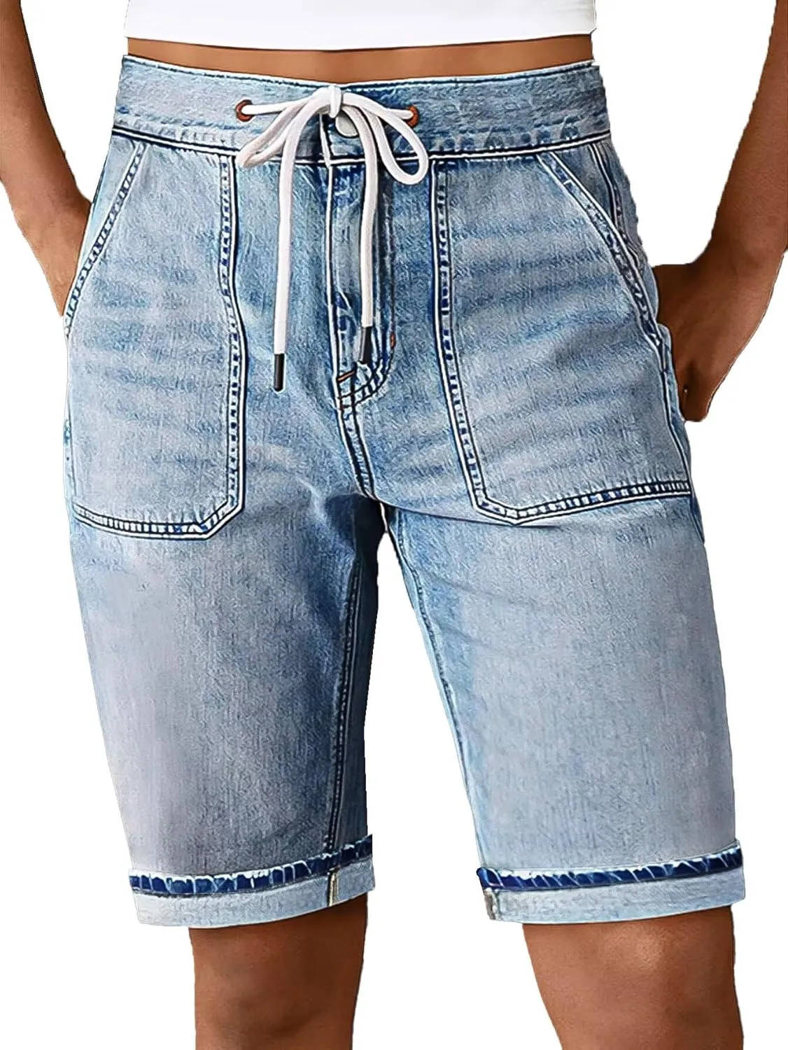 Flamingals Women's Drawstring Bermuda Jean Shorts High Rise Straight Leg Summer Denim Shorts