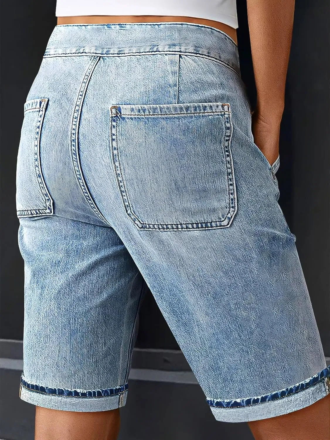 Flamingals Women's Drawstring Bermuda Jean Shorts High Rise Straight Leg Summer Denim Shorts