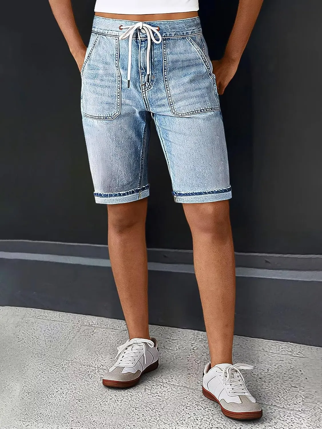 Flamingals Women's Drawstring Bermuda Jean Shorts High Rise Straight Leg Summer Denim Shorts