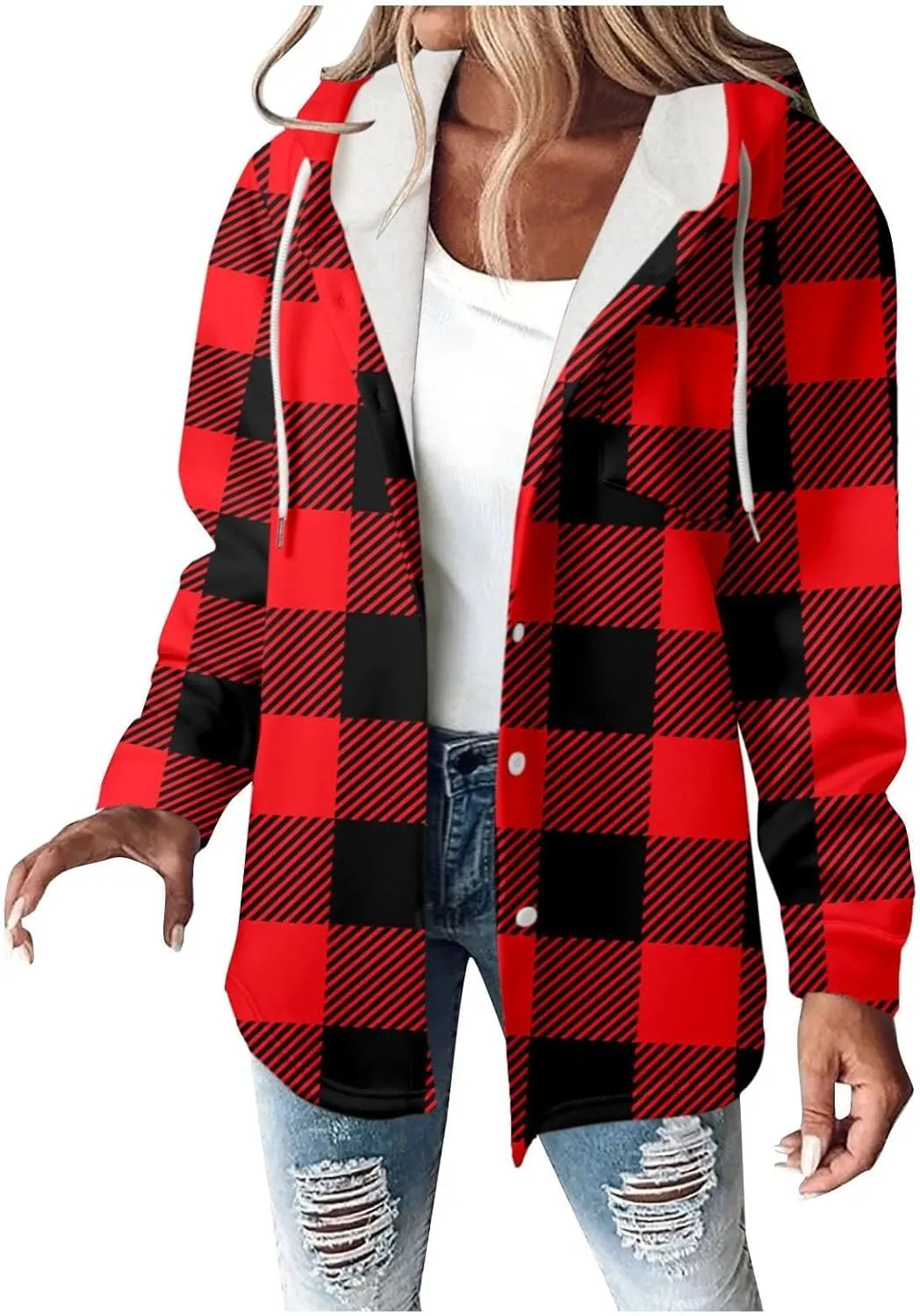 Fleece Hoodies For Women Warm Print Sweatshirt Button Lined Drawstring Hooded Jacket Coat