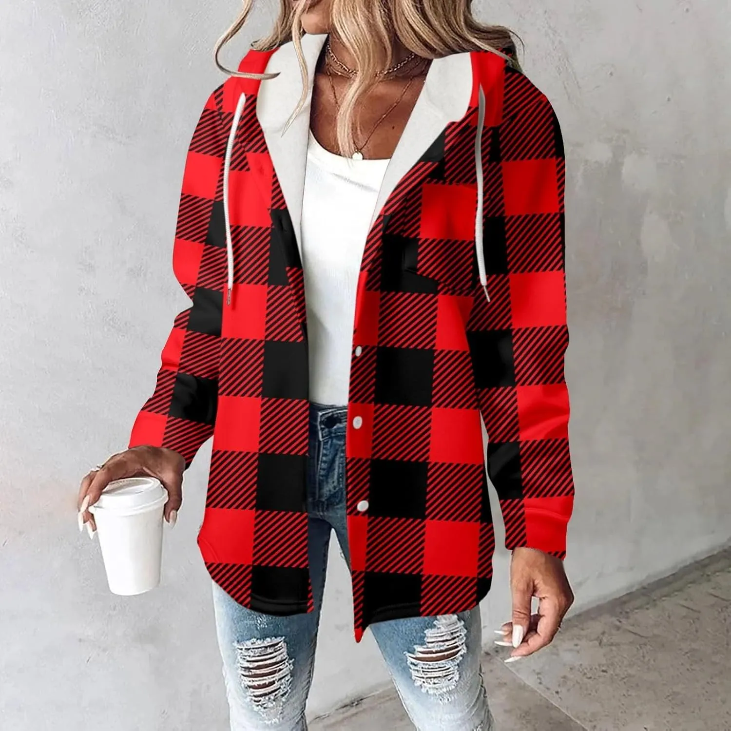 Fleece Hoodies For Women Warm Print Sweatshirt Button Lined Drawstring Hooded Jacket Coat