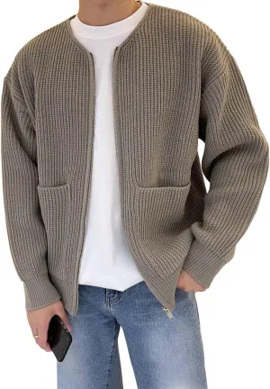 Flygo Mens Cardigan Sweater Zip Up Crewneck Knit Long Sleeve Open Front Casual Sweaters Outwear with Pockets