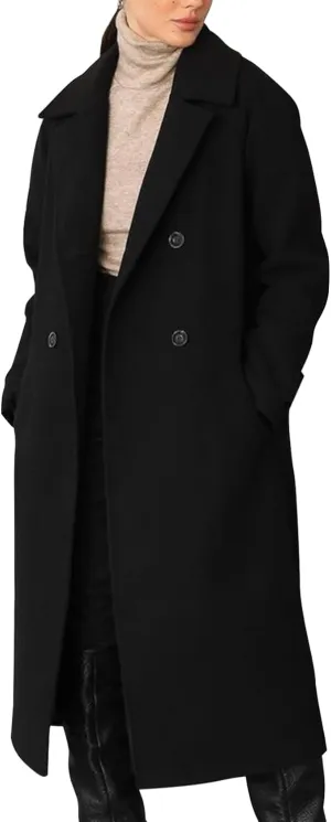 Flygo Womens Long Pea Coat Double Breasted Notch Lapel Trench Coat Office Work Peacoat Jacket Dress Coat(Black-XS)