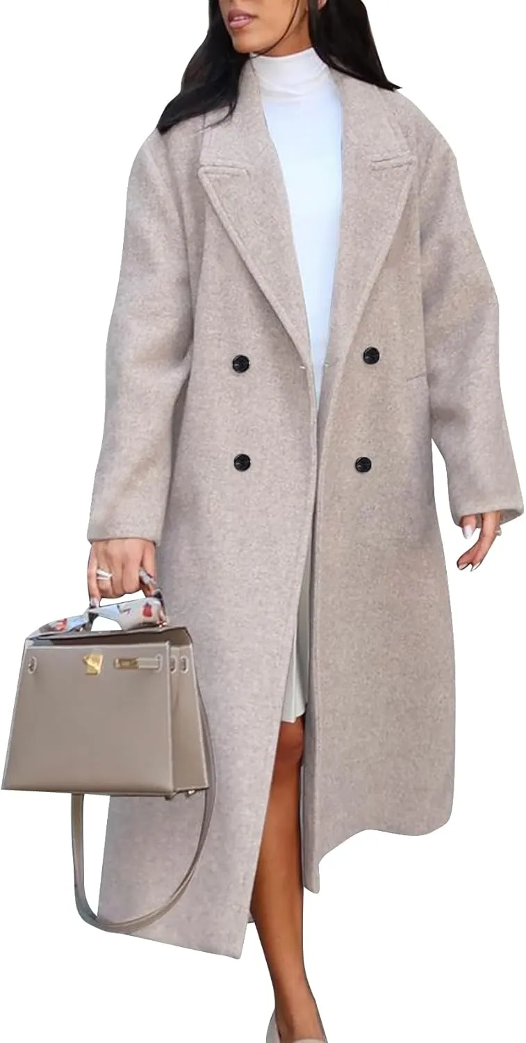 Flygo Womens Long Pea Coat Double Breasted Notch Lapel Trench Coat Office Work Peacoat Jacket Dress Coat(Oatmeal-XS)