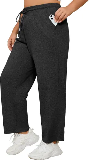 FOREYOND Plus Size Sweatpants for Women Wide Leg Yoga Pants Knit Workout Pants with Drawstring Pull-on Stretch Fabric