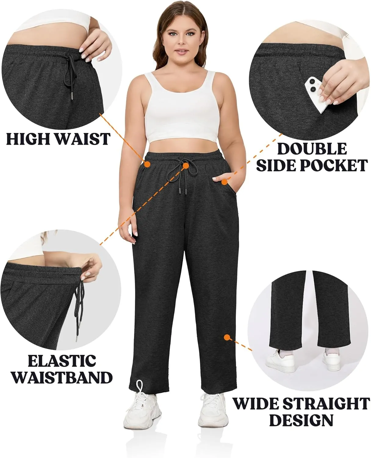 FOREYOND Plus Size Sweatpants for Women Wide Leg Yoga Pants Knit Workout Pants with Drawstring Pull-on Stretch Fabric