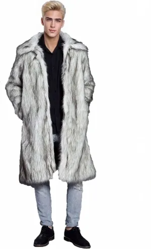 FTIMILD Men's Long Faux Fur Coat Single Breasted Warm Winter Trench Coat Fluffy Thick Overcoat