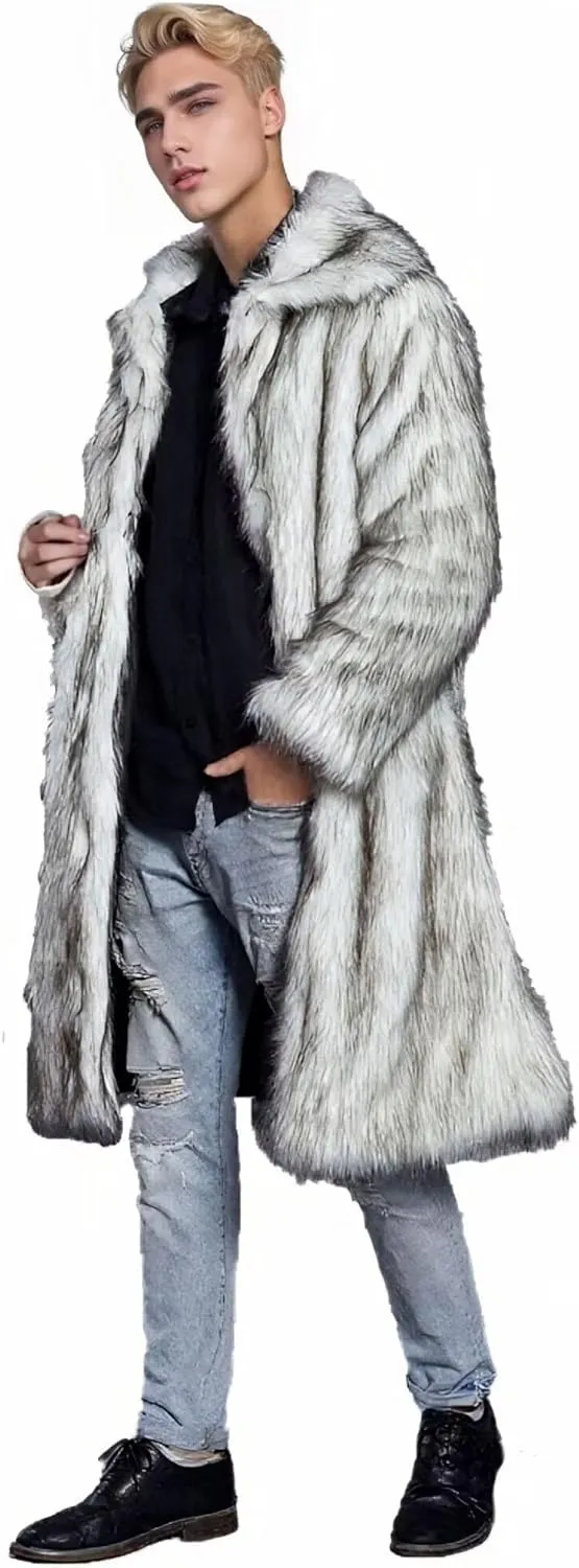 FTIMILD Men's Long Faux Fur Coat Single Breasted Warm Winter Trench Coat Fluffy Thick Overcoat