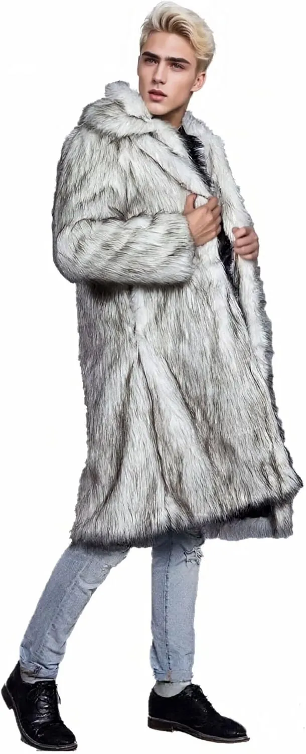 FTIMILD Men's Long Faux Fur Coat Single Breasted Warm Winter Trench Coat Fluffy Thick Overcoat