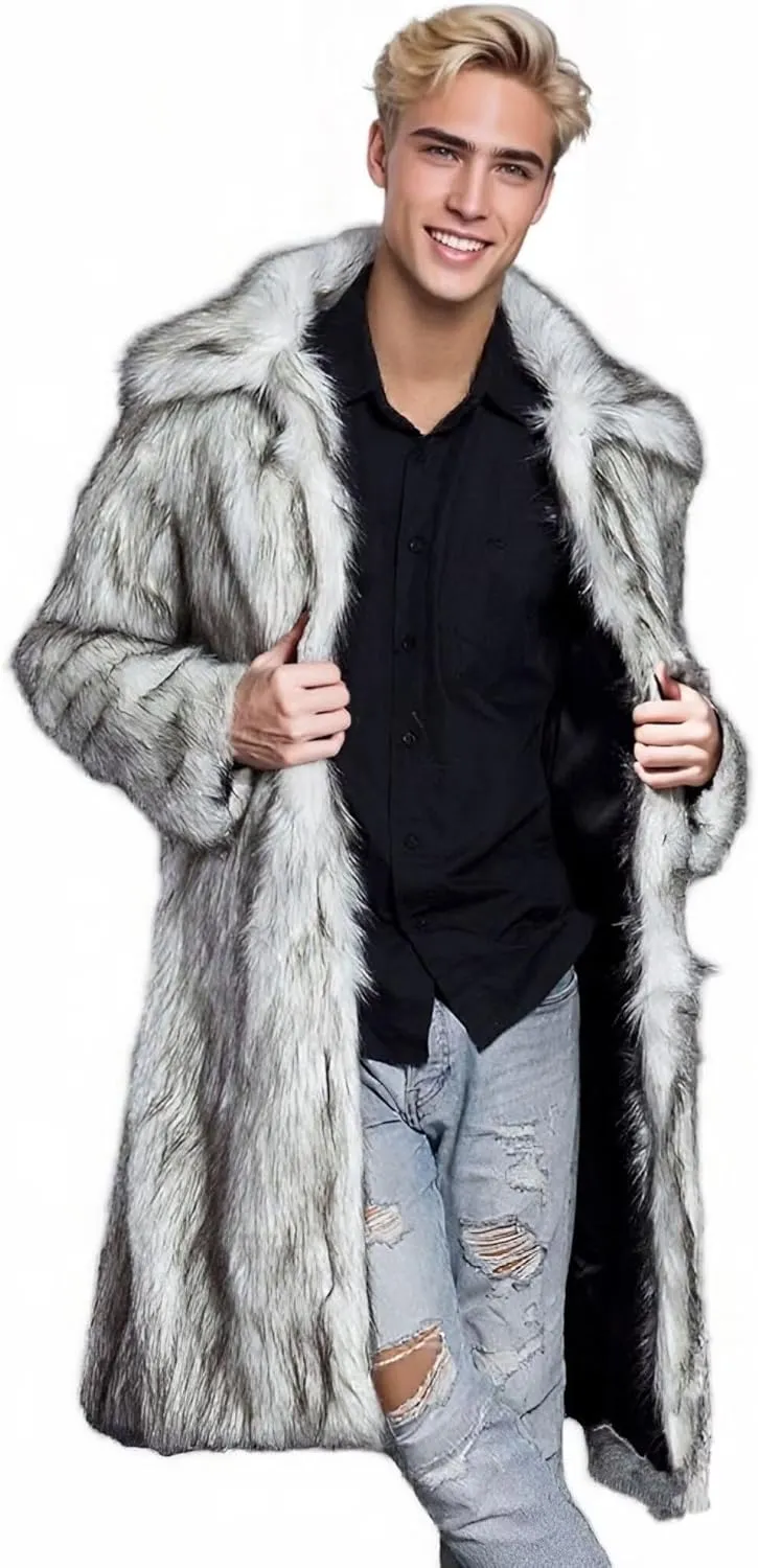 FTIMILD Men's Long Faux Fur Coat Single Breasted Warm Winter Trench Coat Fluffy Thick Overcoat