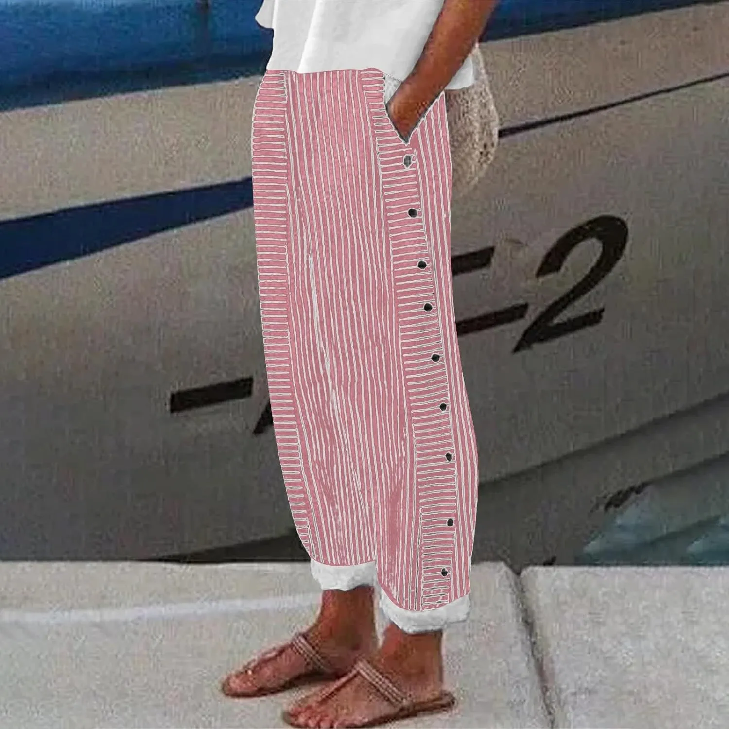 GIERIDUC Linen Pants for Women 2025 Plus Size Trendy Side Button Summer Gauze Pants Casual Elastic Waist Comfy Trousers