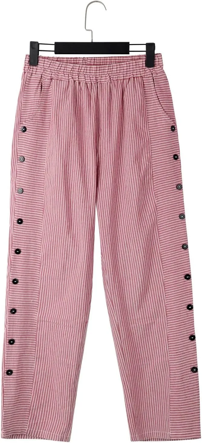 GIERIDUC Linen Pants for Women 2025 Plus Size Trendy Side Button Summer Gauze Pants Casual Elastic Waist Comfy Trousers
