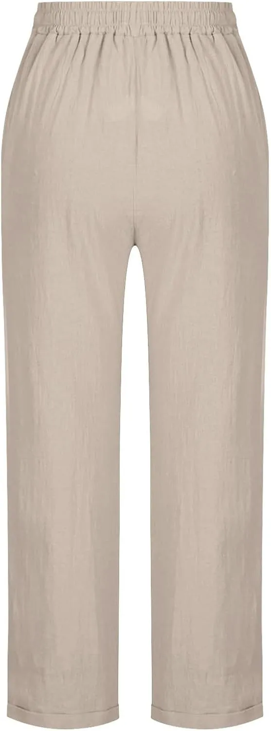 GIERIDUC Linen Pants for Women 2025 Summer High Waist Elastic Wide Leg Lounge Pant Casual Loose Lightweight Beach Trousers