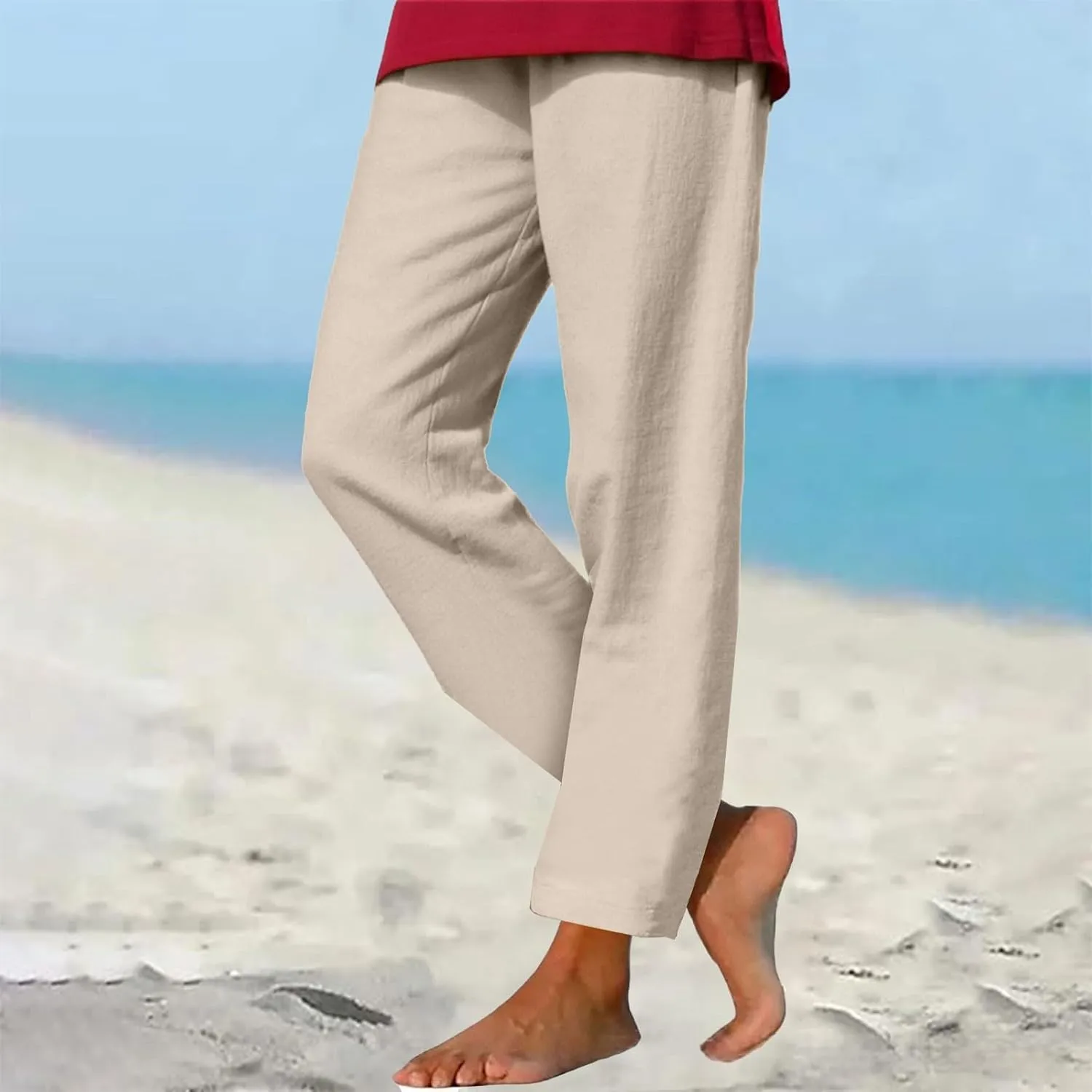 GIERIDUC Linen Pants for Women 2025 Summer High Waist Elastic Wide Leg Lounge Pant Casual Loose Lightweight Beach Trousers
