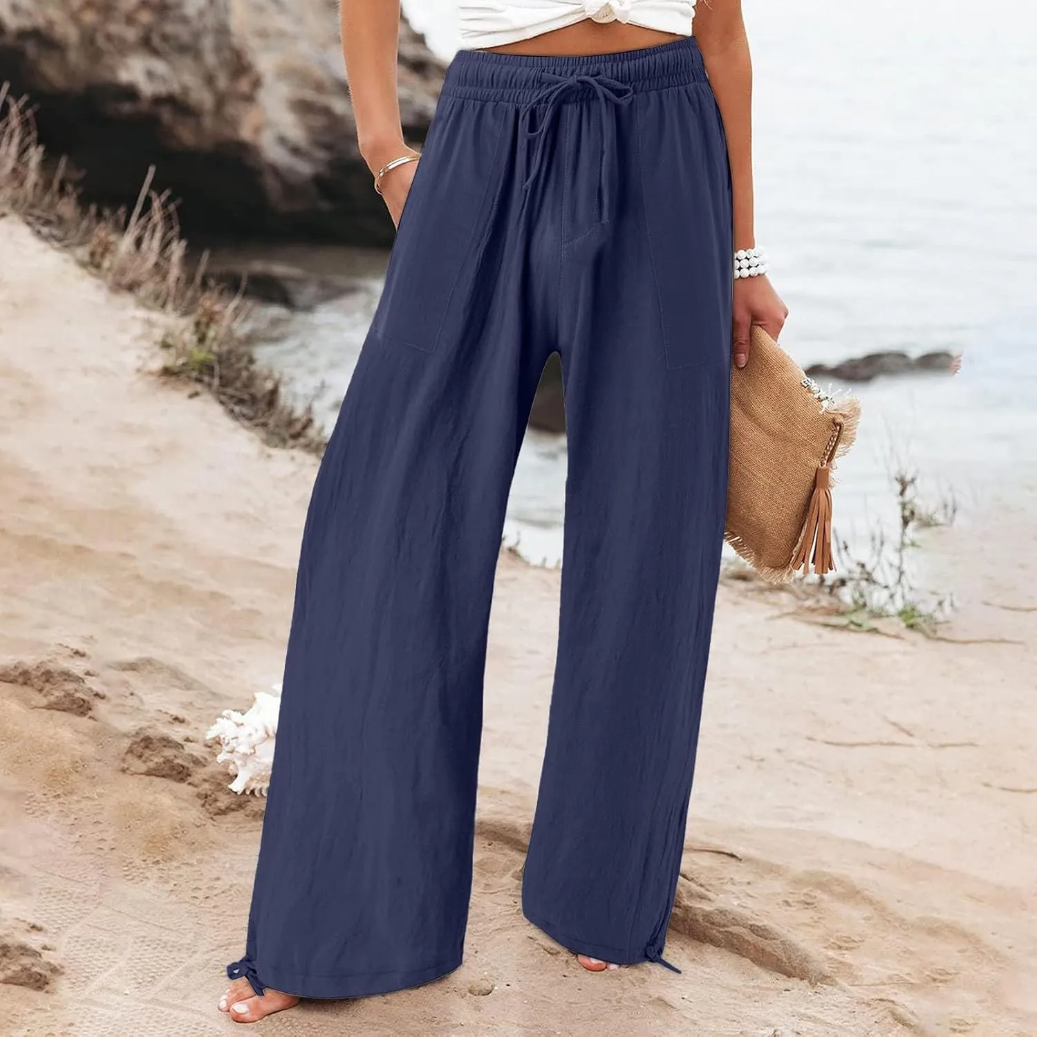 GIERIDUC Womens Linen Pants 2025 Summer Casual Loose Wide Leg Palazzo Pants Business Smocked High Waist Flowy Beach Trousers