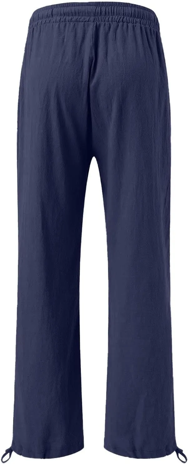 GIERIDUC Womens Linen Pants 2025 Summer Casual Loose Wide Leg Palazzo Pants Business Smocked High Waist Flowy Beach Trousers