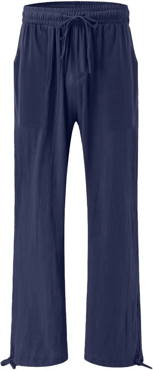 GIERIDUC Womens Linen Pants 2025 Summer Casual Loose Wide Leg Palazzo Pants Business Smocked High Waist Flowy Beach Trousers