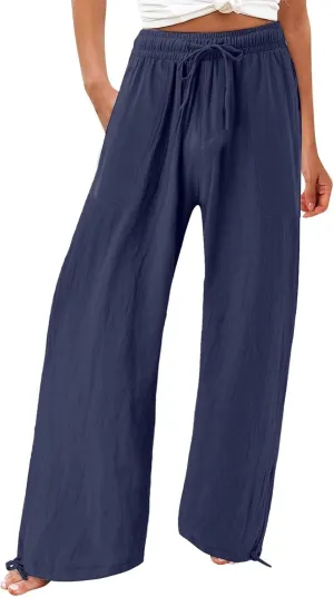 GIERIDUC Womens Linen Pants 2025 Summer Casual Loose Wide Leg Palazzo Pants Business Smocked High Waist Flowy Beach Trousers