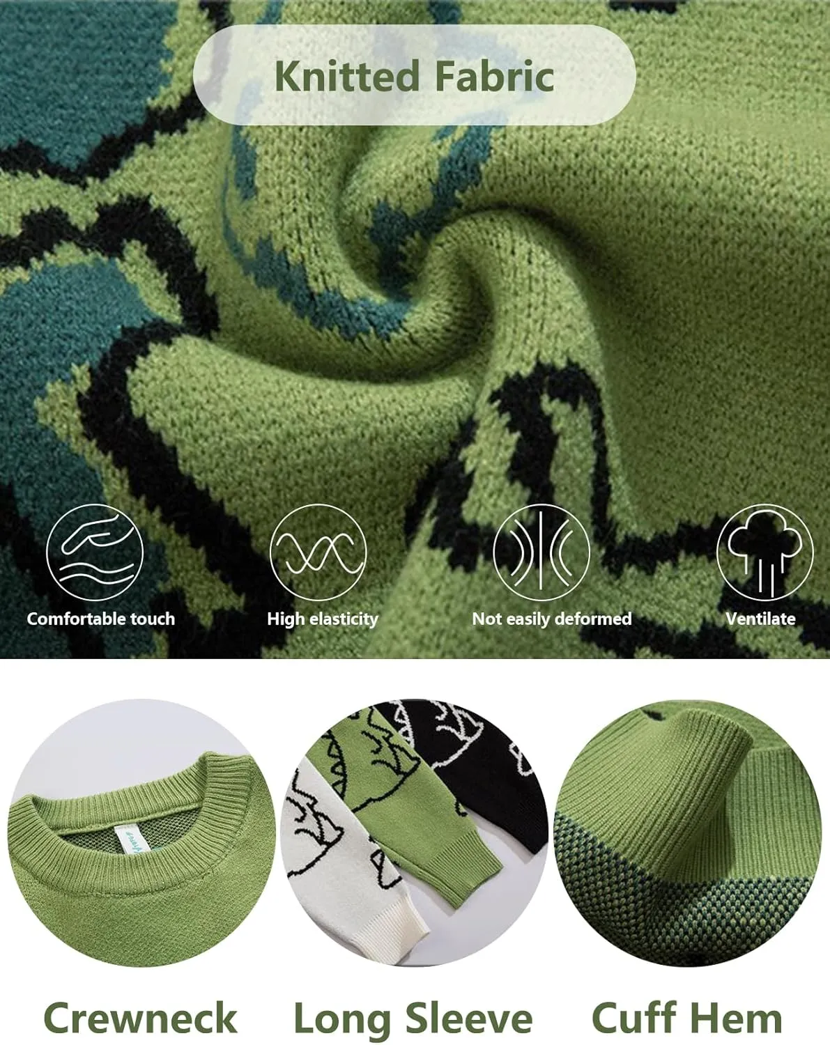 Gihuo Women Dinosaur Oversized Sweater Graphic Crewneck Knitted Pullover Casual Loose Fit Jumper Tops