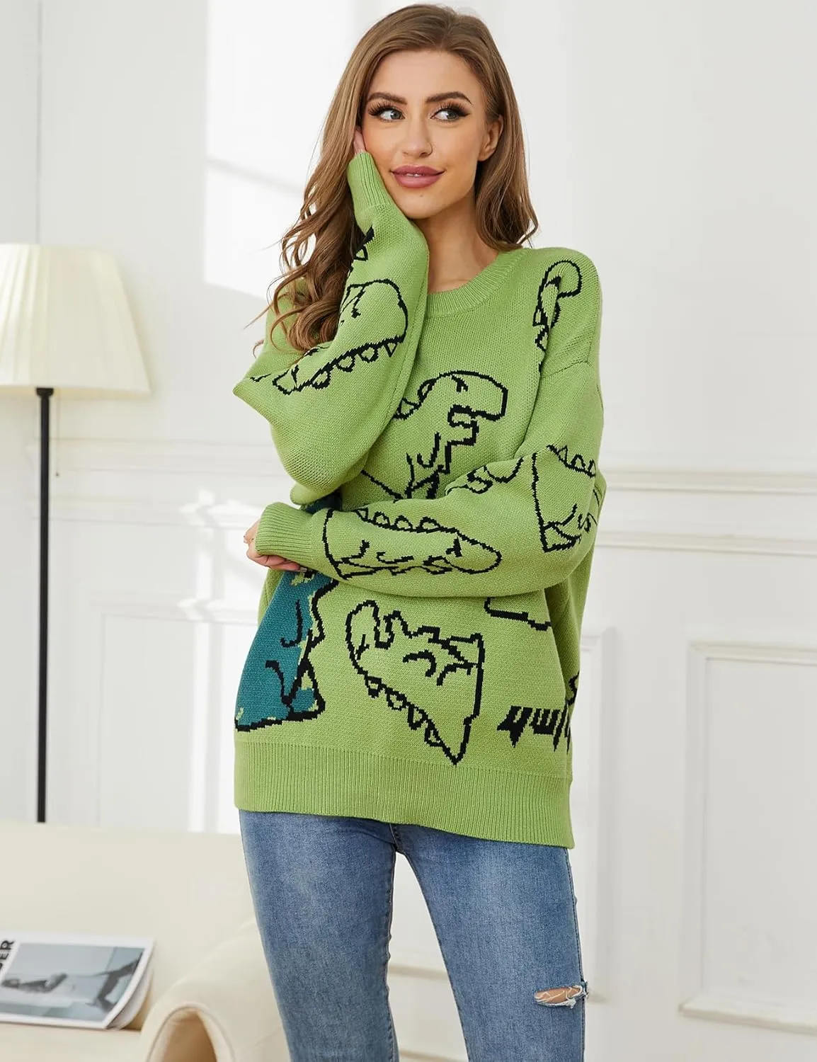 Gihuo Women Dinosaur Oversized Sweater Graphic Crewneck Knitted Pullover Casual Loose Fit Jumper Tops