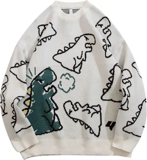 Gihuo Women Dinosaur Oversized Sweater Graphic Crewneck Knitted Pullover Casual Loose Fit Jumper Tops