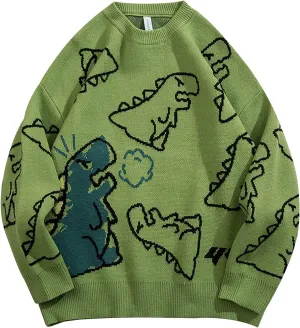Gihuo Women Dinosaur Oversized Sweater Graphic Crewneck Knitted Pullover Casual Loose Fit Jumper Tops
