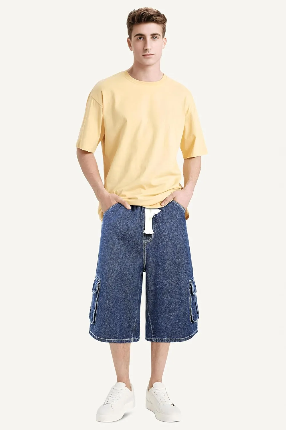 GINGTTO Mens Baggy Jean Shorts Cargo Long Denim Shorts Elastic Waist 15 Inch Inseam