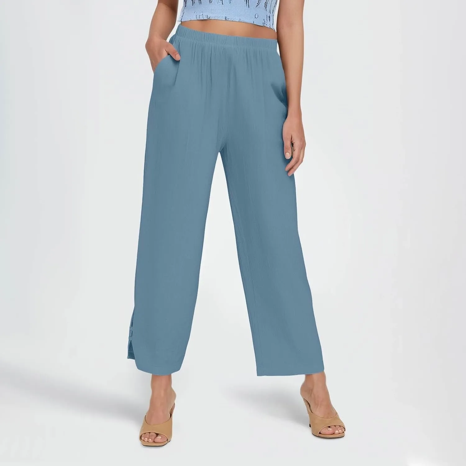 GOFULY Linen Pants for Women Summer 2025 Beach Elastic Waist Pants Wide Leg High Waisted with Pockets Loose Fit Solid Outfits