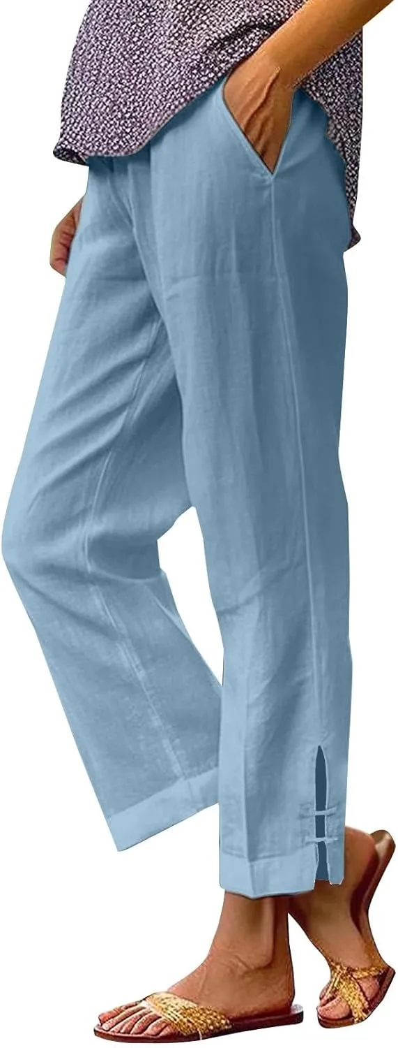 GOFULY Linen Pants for Women Summer 2025 Beach Elastic Waist Pants Wide Leg High Waisted with Pockets Loose Fit Solid Outfits