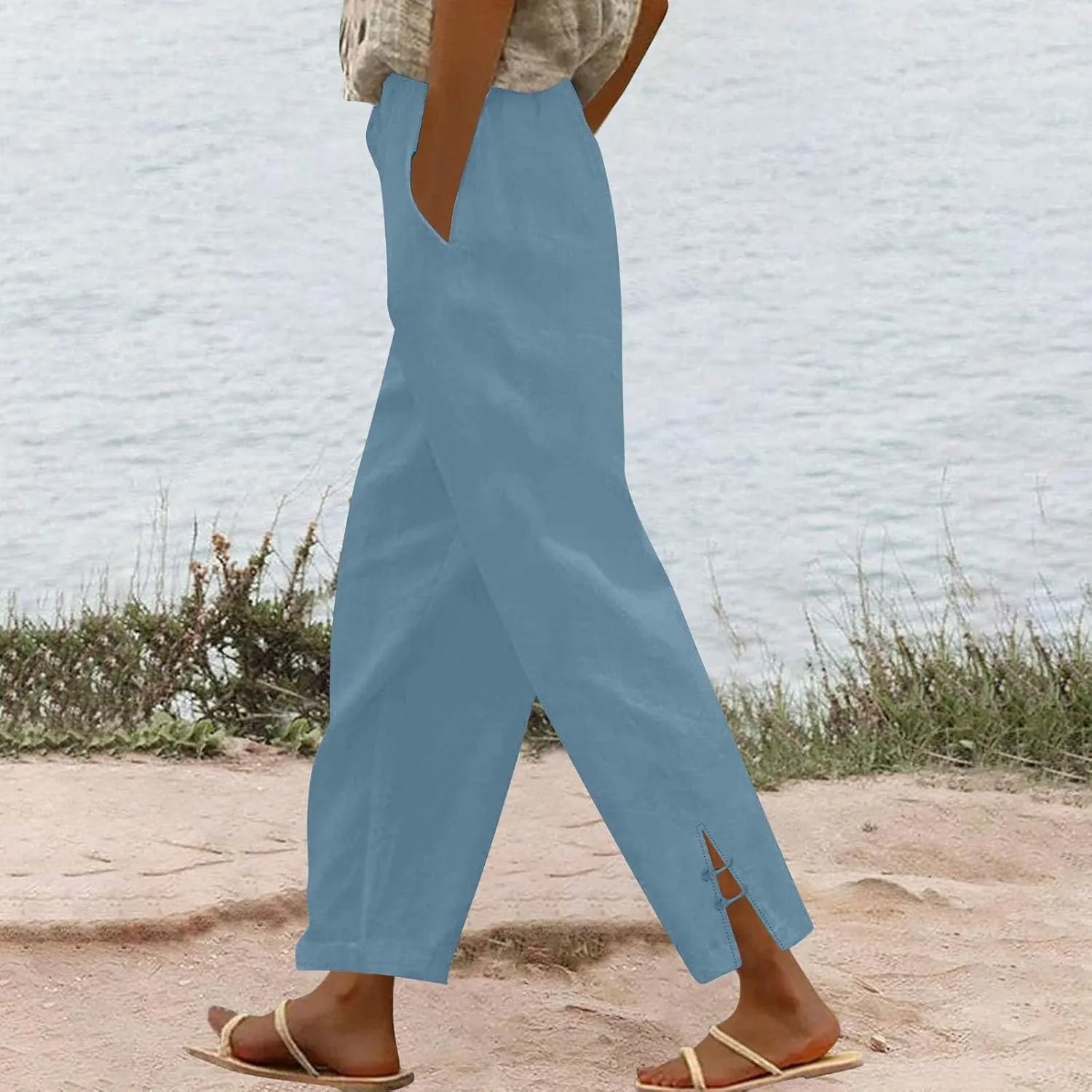 GOFULY Linen Pants for Women Summer 2025 Beach Elastic Waist Pants Wide Leg High Waisted with Pockets Loose Fit Solid Outfits