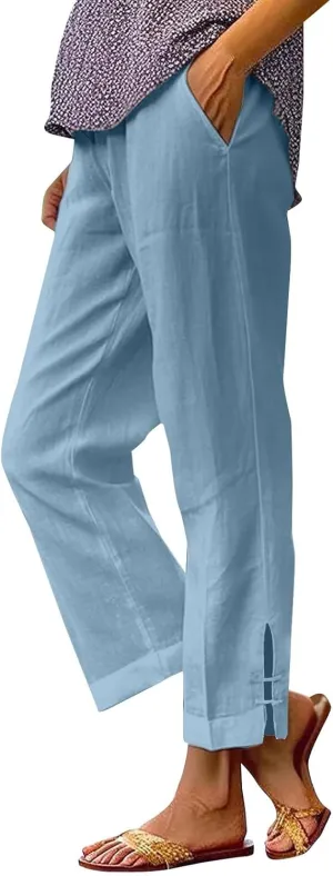 GOFULY Linen Pants for Women Summer 2025 Beach Elastic Waist Pants Wide Leg High Waisted with Pockets Loose Fit Solid Outfits