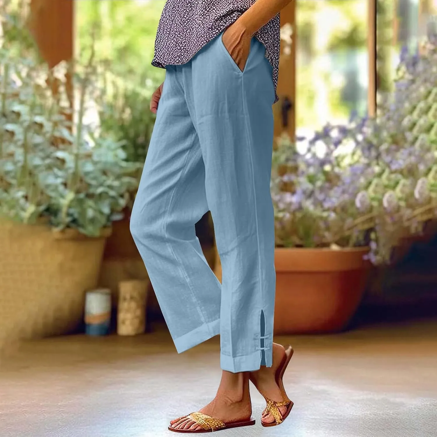 GOFULY Linen Pants for Women Summer 2025 Beach Elastic Waist Pants Wide Leg High Waisted with Pockets Loose Fit Solid Outfits