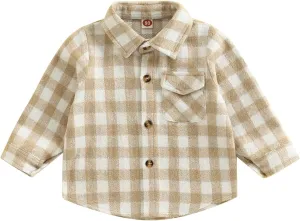 GOOCHEER Toddler Baby Boy Girl Plaid Jacket Hoodie Long Sleeve Button Down Shirts Coats Outerwear Shacket Cardigan Top