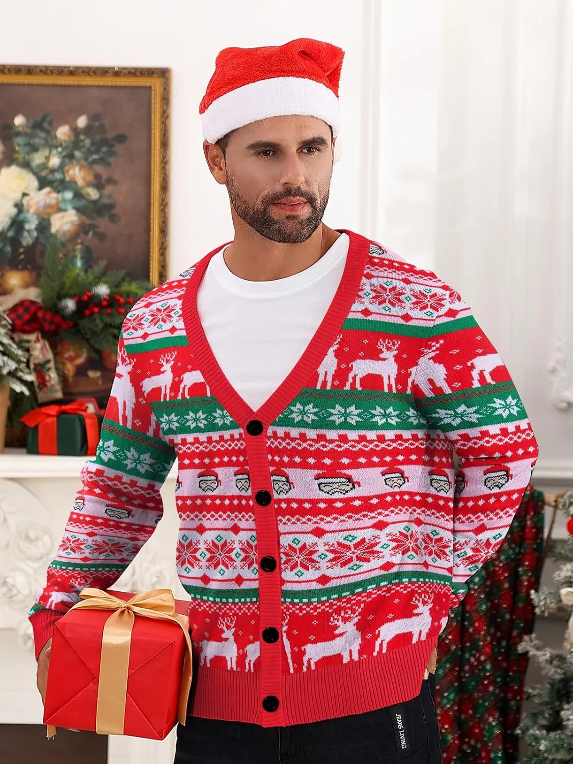 Goodstoworld Men's 2024 Ugly Christmas Cardigan Cozy Pullover Sweater V Neck Buttons Soft Knitwear