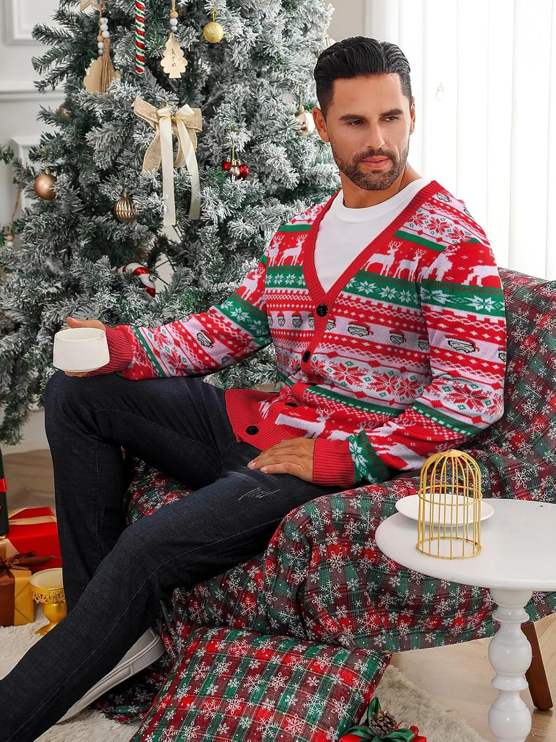 Goodstoworld Men's 2024 Ugly Christmas Cardigan Cozy Pullover Sweater V Neck Buttons Soft Knitwear
