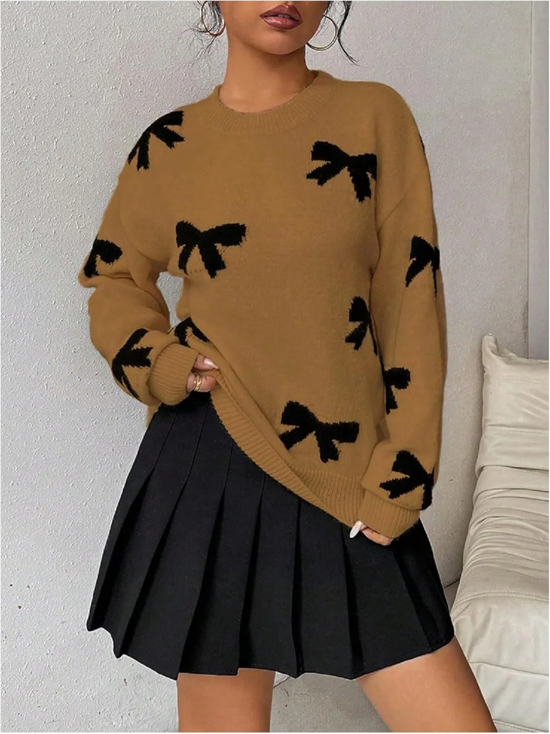 GORGLITTER Women's Bow Sweater Long Sleeve Crew Neck Vintage Y2k Knitted Sweater