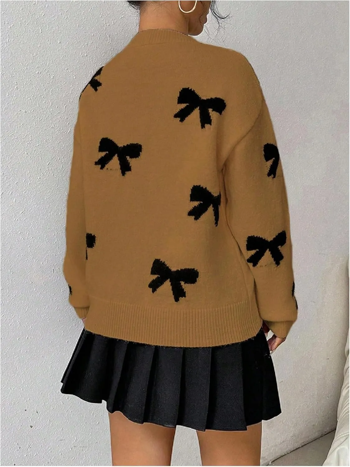 GORGLITTER Women's Bow Sweater Long Sleeve Crew Neck Vintage Y2k Knitted Sweater