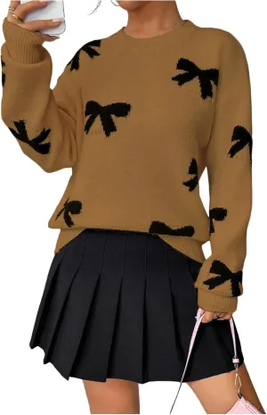 GORGLITTER Women's Bow Sweater Long Sleeve Crew Neck Vintage Y2k Knitted Sweater