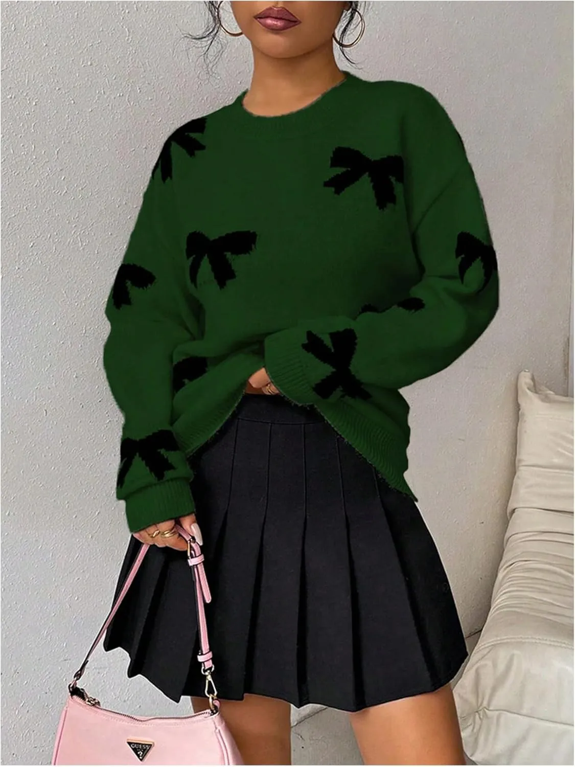 GORGLITTER Women's Bow Sweater Long Sleeve Crew Neck Vintage Y2k Knitted Sweater
