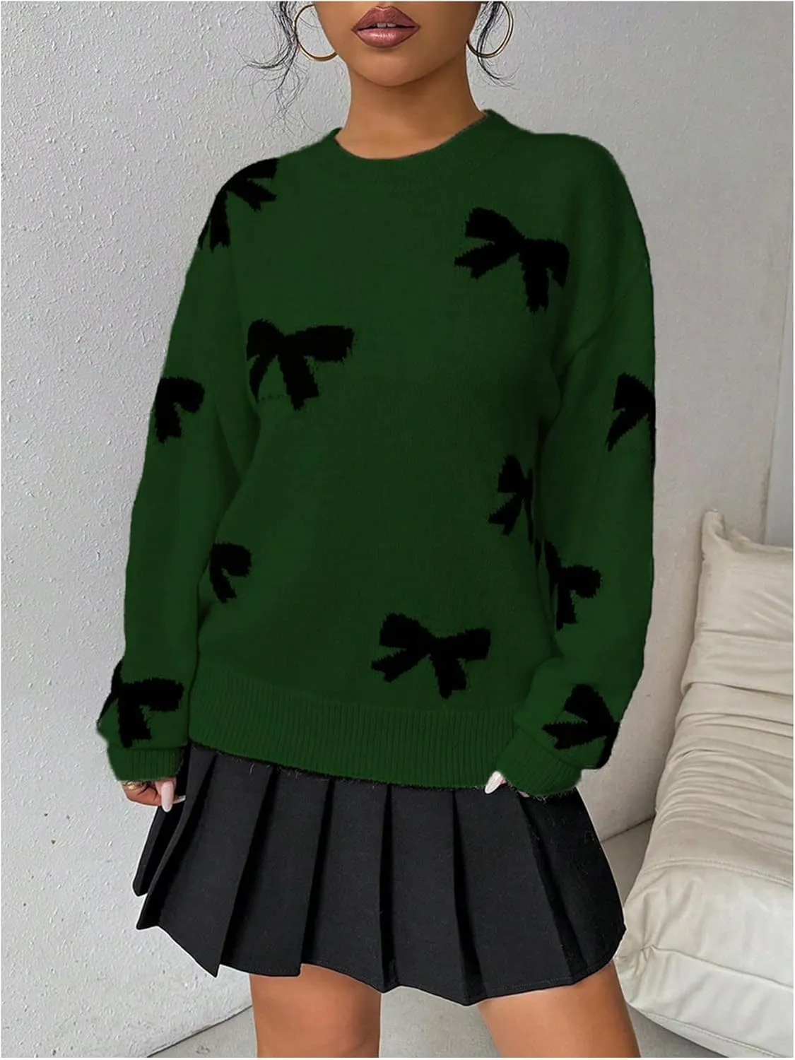 GORGLITTER Women's Bow Sweater Long Sleeve Crew Neck Vintage Y2k Knitted Sweater