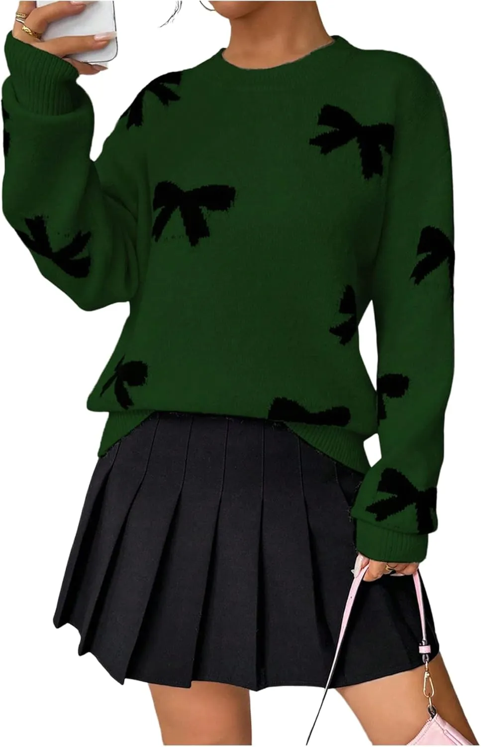 GORGLITTER Women's Bow Sweater Long Sleeve Crew Neck Vintage Y2k Knitted Sweater