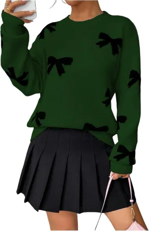 GORGLITTER Women's Bow Sweater Long Sleeve Crew Neck Vintage Y2k Knitted Sweater